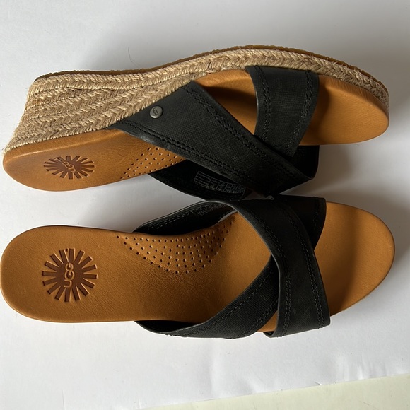 Ugg Sandal Black Leather Wedge New 6 - Picture 8 of 12